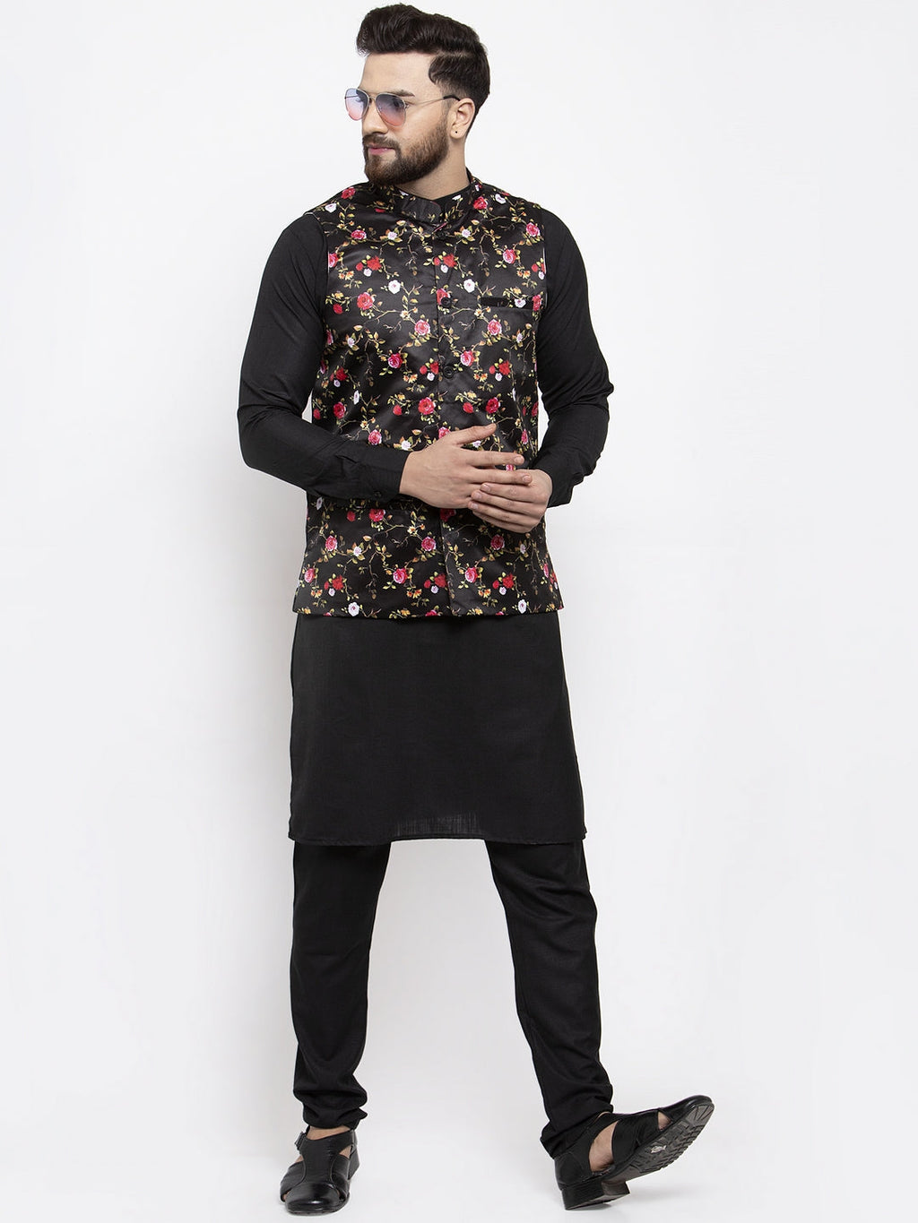 Jompers Men's Solid Cotton Kurta Pajama with Printed Waistcoat (Black-B) | Grocsy