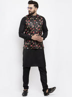Jompers Men's Solid Cotton Kurta Pajama with Printed Waistcoat (Black-B) | Grocsy