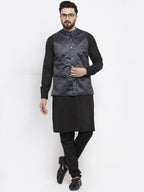 Jompers Men Solid Cotton Kurta Pajama with Printed Waistcoat (Charcoal-B) | Grocsy