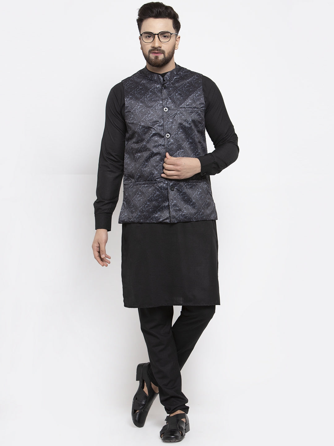 Jompers Men Solid Cotton Kurta Pajama with Printed Waistcoat (Charcoal-B) | Grocsy