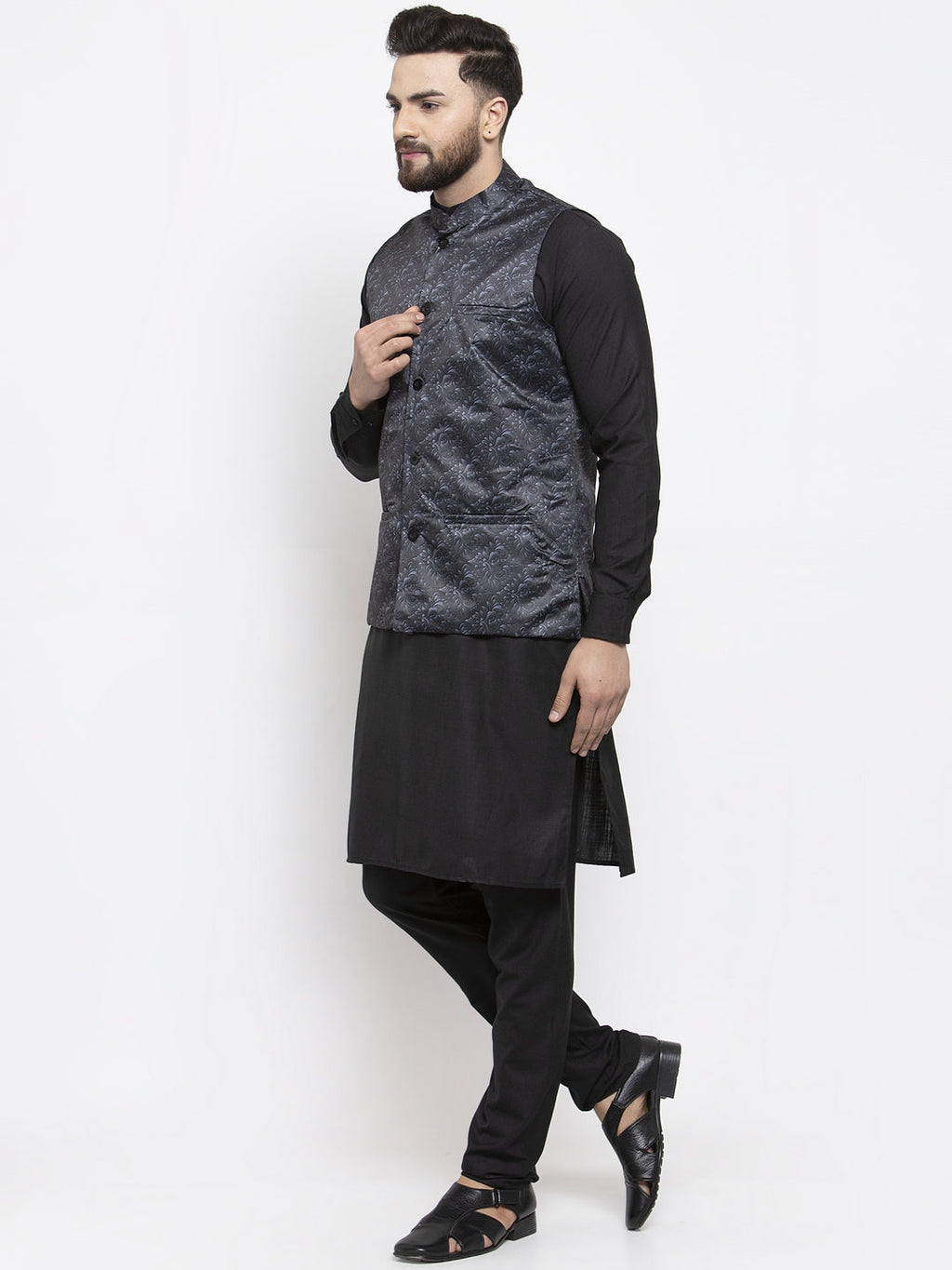 Jompers Men Solid Cotton Kurta Pajama with Printed Waistcoat (Charcoal-B) | Grocsy