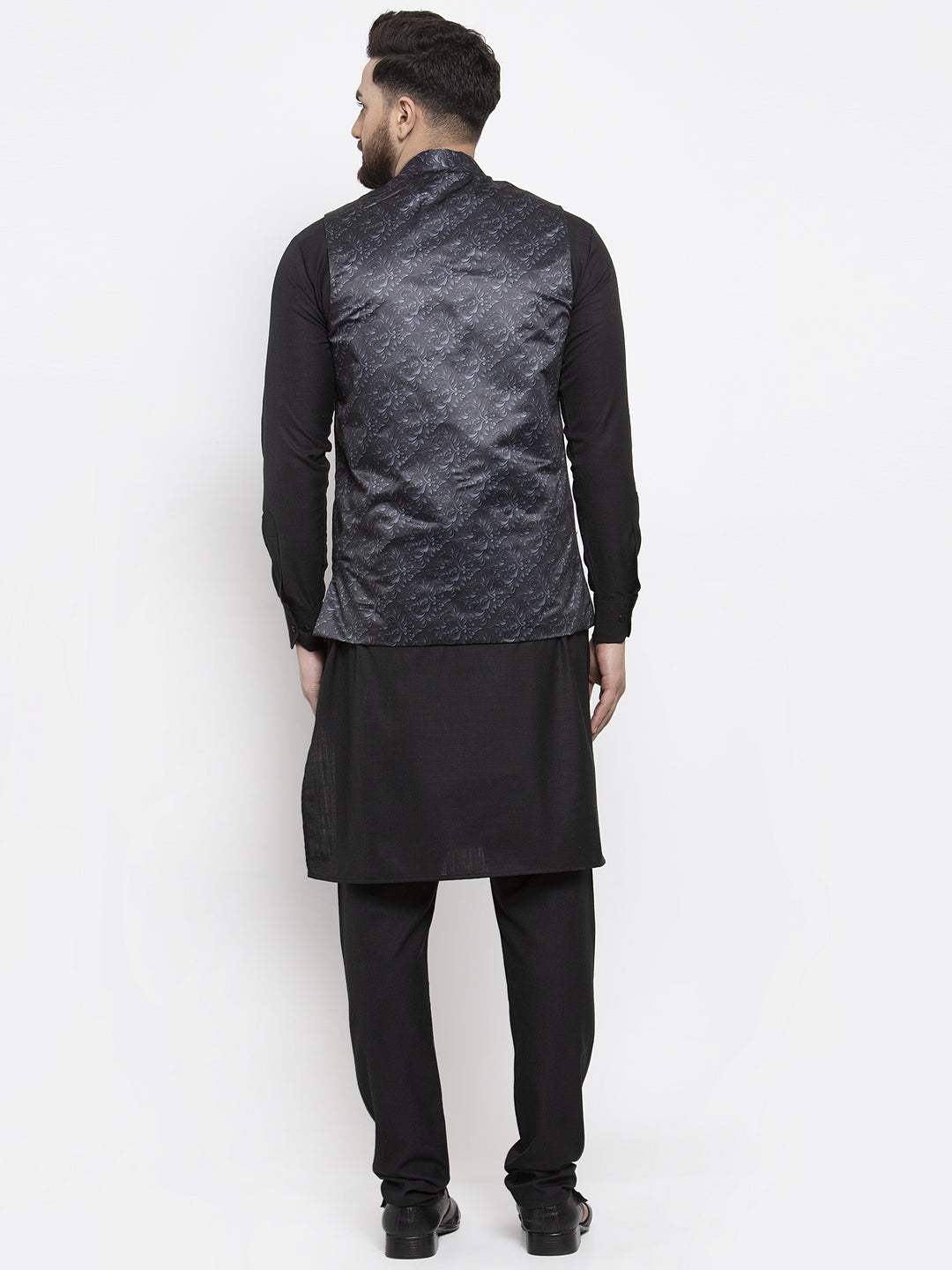 Jompers Men Solid Cotton Kurta Pajama with Printed Waistcoat (Charcoal-B) | Grocsy