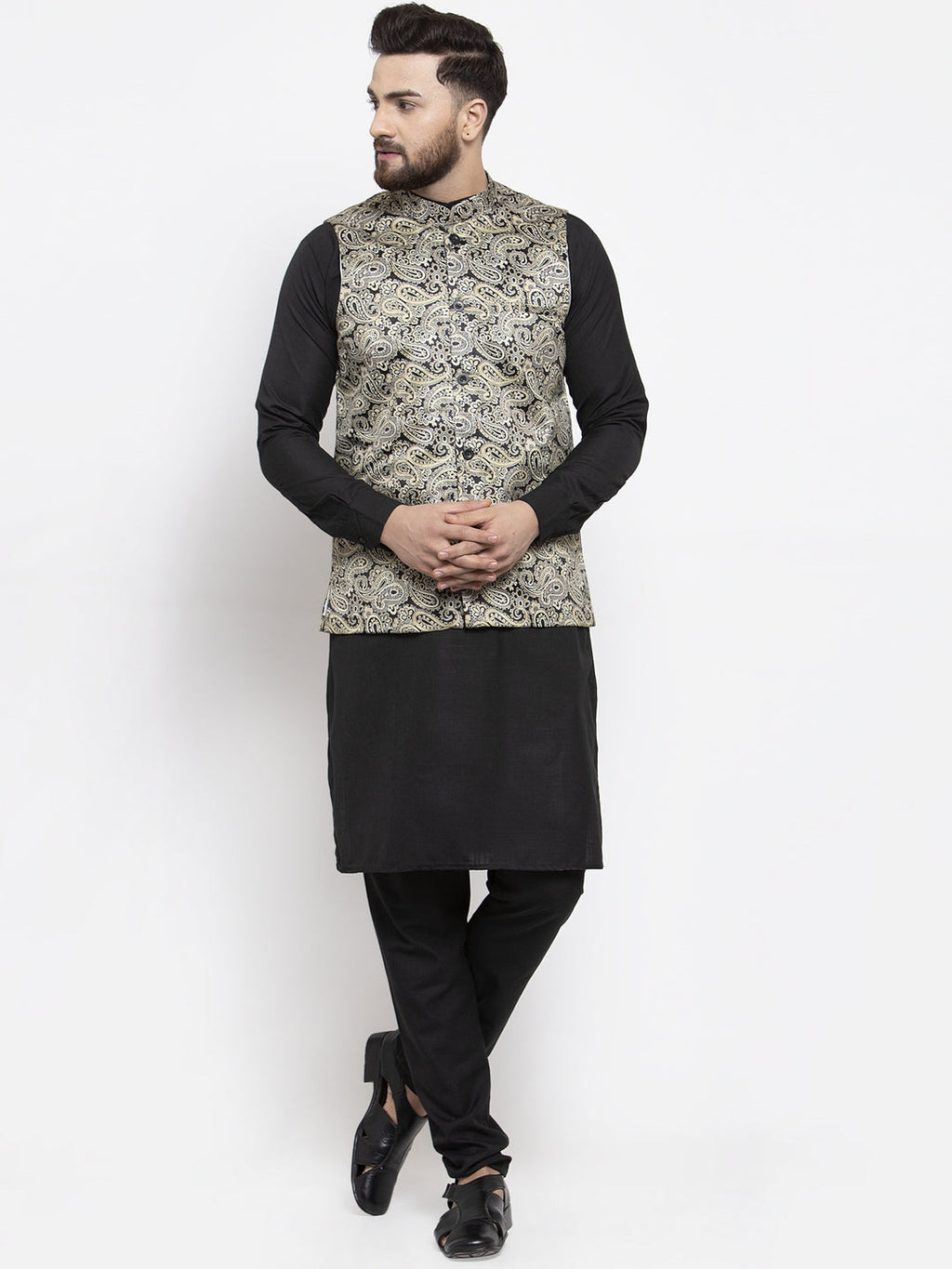 Jompers Men's Solid Cotton Kurta Pajama with Printed Waistcoat (Golden-B) | Grocsy