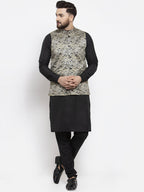 Jompers Men's Solid Cotton Kurta Pajama with Printed Waistcoat (Golden-B) | Grocsy