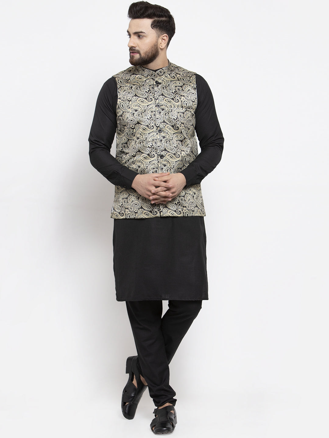 Jompers Men's Solid Cotton Kurta Pajama with Printed Waistcoat (Golden-B) | Grocsy