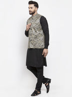 Jompers Men's Solid Cotton Kurta Pajama with Printed Waistcoat (Golden-B) | Grocsy