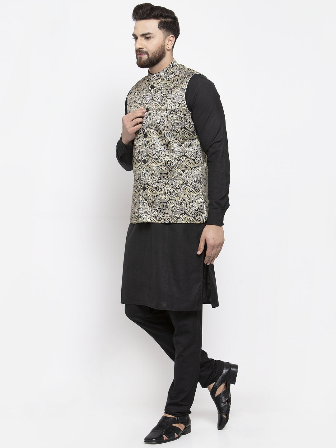 Jompers Men's Solid Cotton Kurta Pajama with Printed Waistcoat (Golden-B) | Grocsy