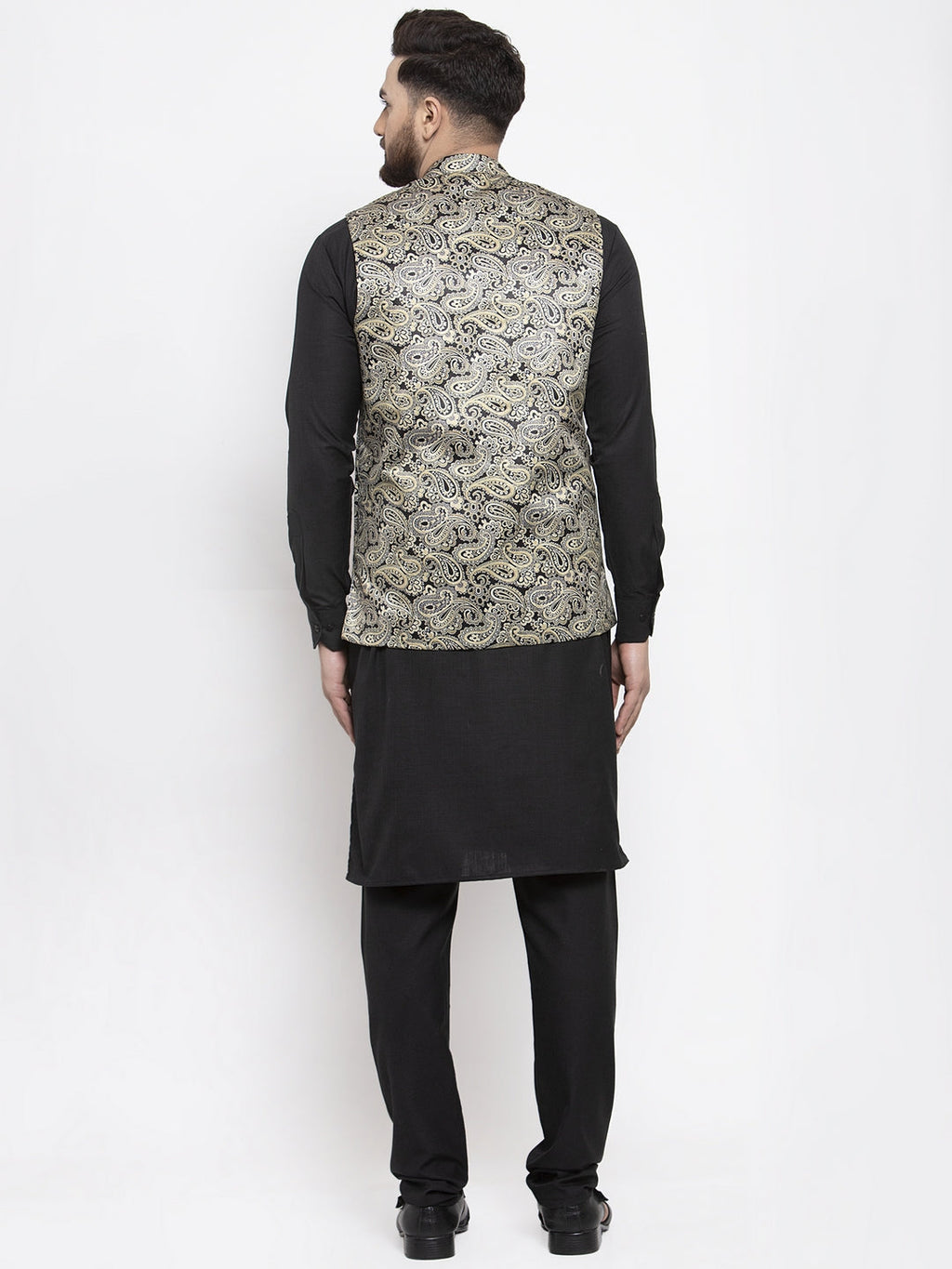 Jompers Men's Solid Cotton Kurta Pajama with Printed Waistcoat (Golden-B) | Grocsy