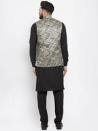 Jompers Men's Solid Cotton Kurta Pajama with Printed Waistcoat (Golden-B) | Grocsy