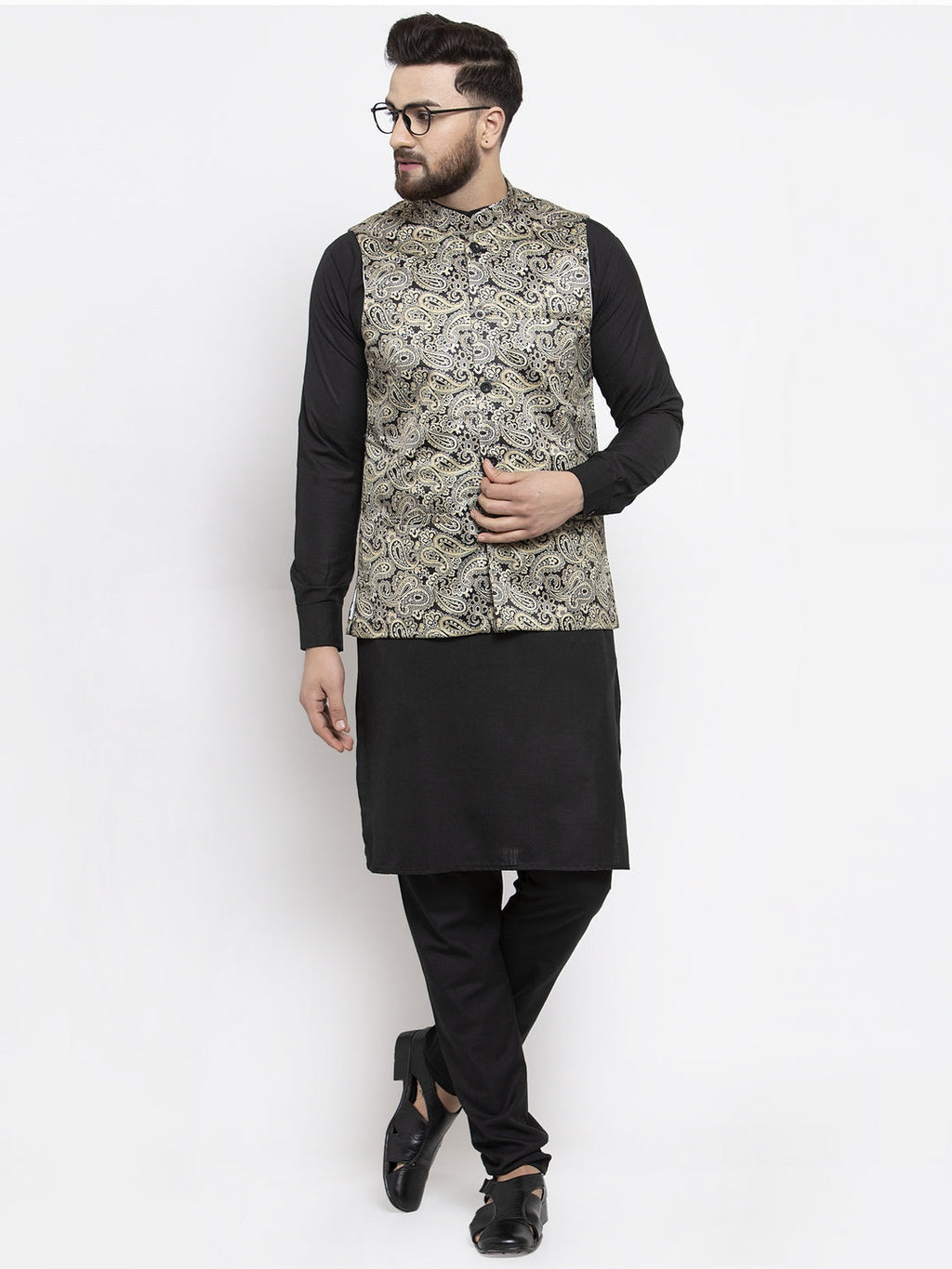 Jompers Men's Solid Cotton Kurta Pajama with Printed Waistcoat (Golden-B) | Grocsy