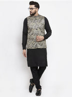 Jompers Men's Solid Cotton Kurta Pajama with Printed Waistcoat (Golden-B) | Grocsy