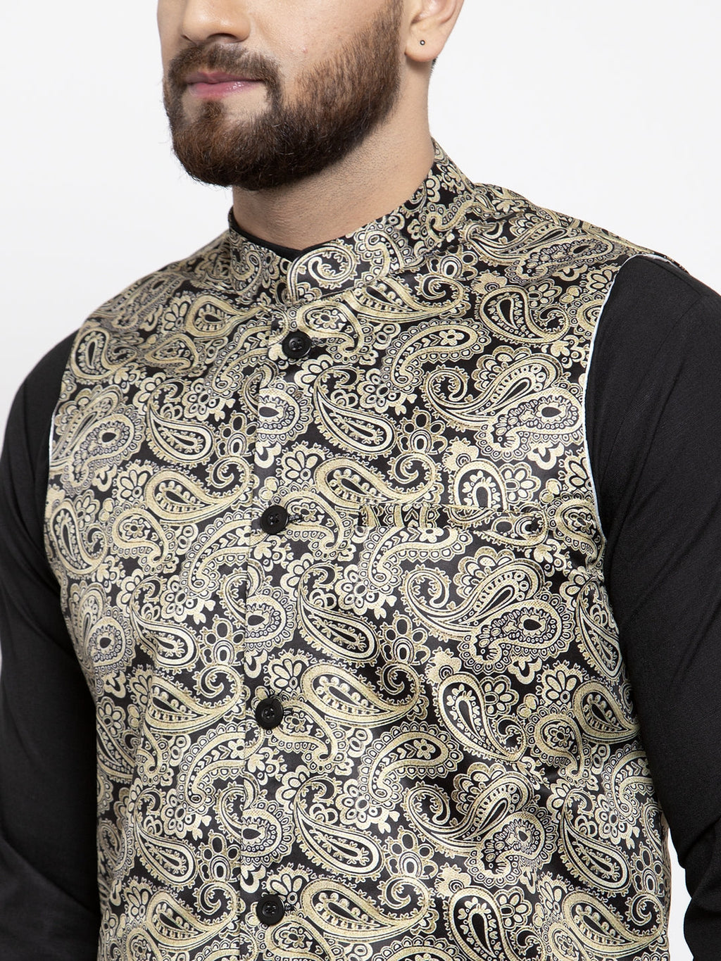 Jompers Men's Solid Cotton Kurta Pajama with Printed Waistcoat (Golden-B) | Grocsy