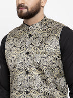 Jompers Men's Solid Cotton Kurta Pajama with Printed Waistcoat (Golden-B) | Grocsy