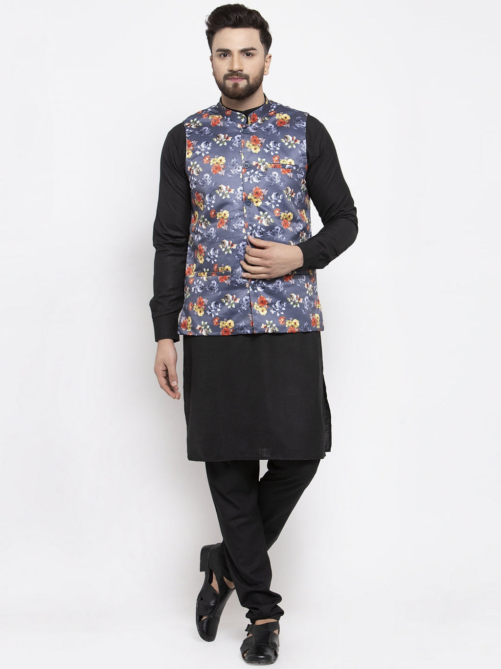 Jompers Men's Solid Cotton Kurta Pajama with Printed Waistcoat (Gray-B) | Grocsy