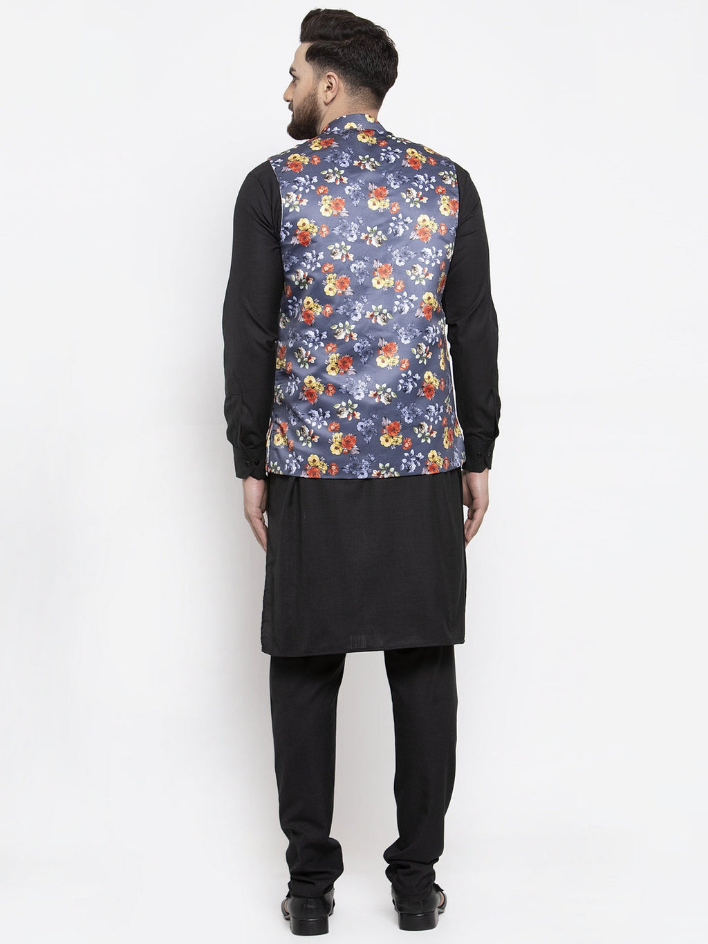 Jompers Men's Solid Cotton Kurta Pajama with Printed Waistcoat (Gray-B) | Grocsy