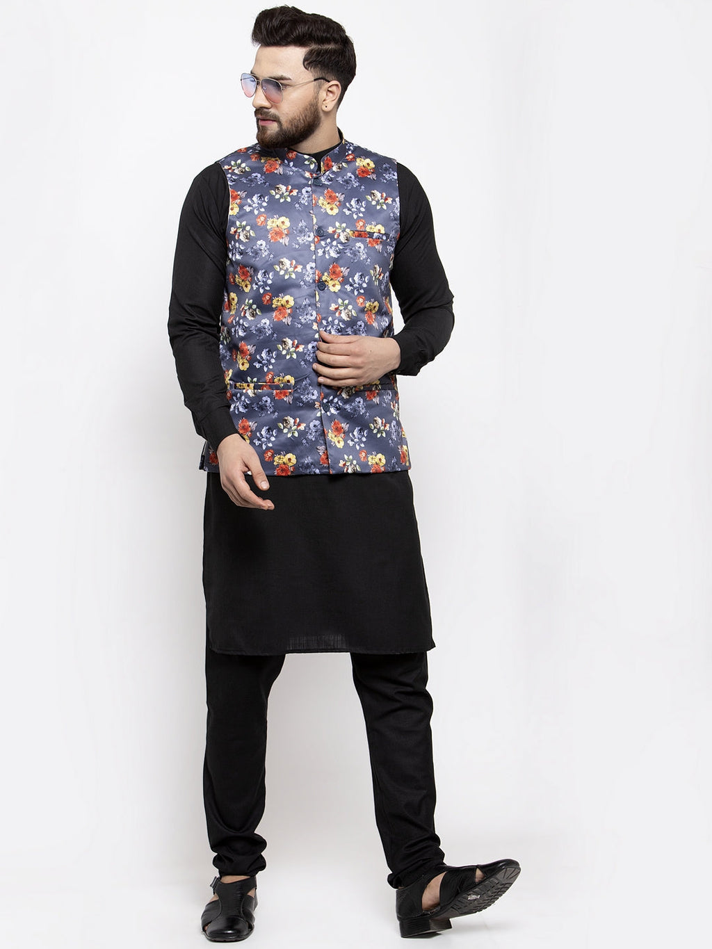 Jompers Men's Solid Cotton Kurta Pajama with Printed Waistcoat (Gray-B) | Grocsy