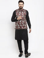 Jompers Men's Solid Cotton Kurta Pajama with Printed Waistcoat (Maroon-B) | Grocsy