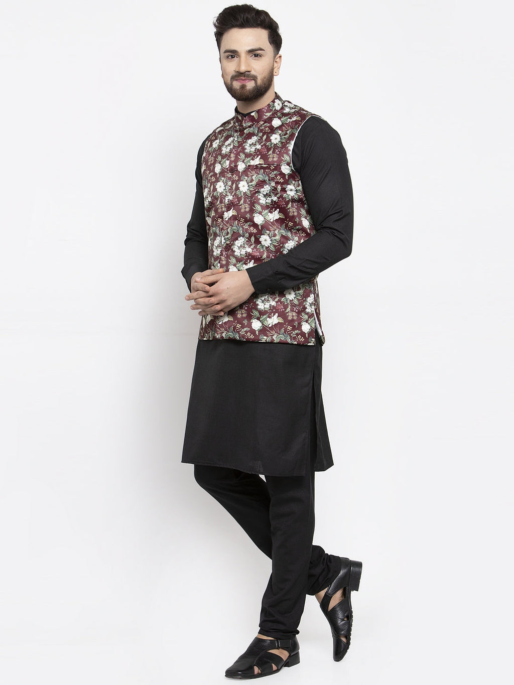 Jompers Men's Solid Cotton Kurta Pajama with Printed Waistcoat (Maroon-B) | Grocsy