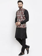 Jompers Men's Solid Cotton Kurta Pajama with Printed Waistcoat (Maroon-B) | Grocsy