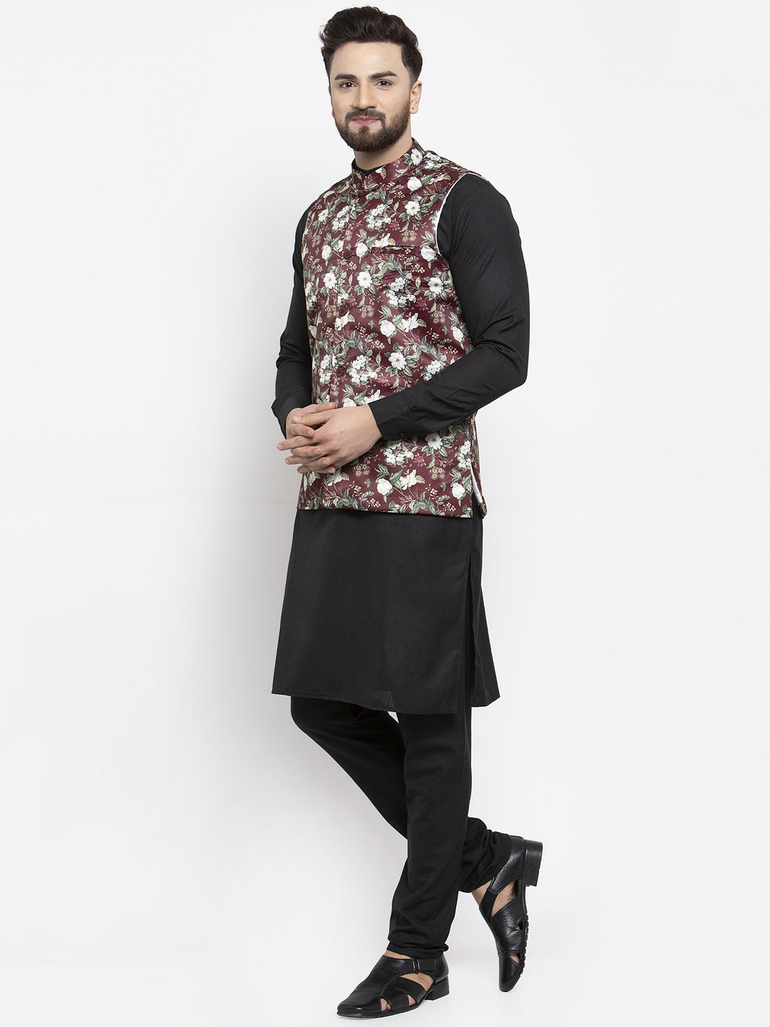 Jompers Men's Solid Cotton Kurta Pajama with Printed Waistcoat (Maroon-B) | Grocsy