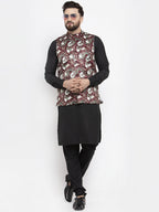 Jompers Men's Solid Cotton Kurta Pajama with Printed Waistcoat (Maroon-B) | Grocsy