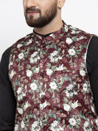 Jompers Men's Solid Cotton Kurta Pajama with Printed Waistcoat (Maroon-B) | Grocsy