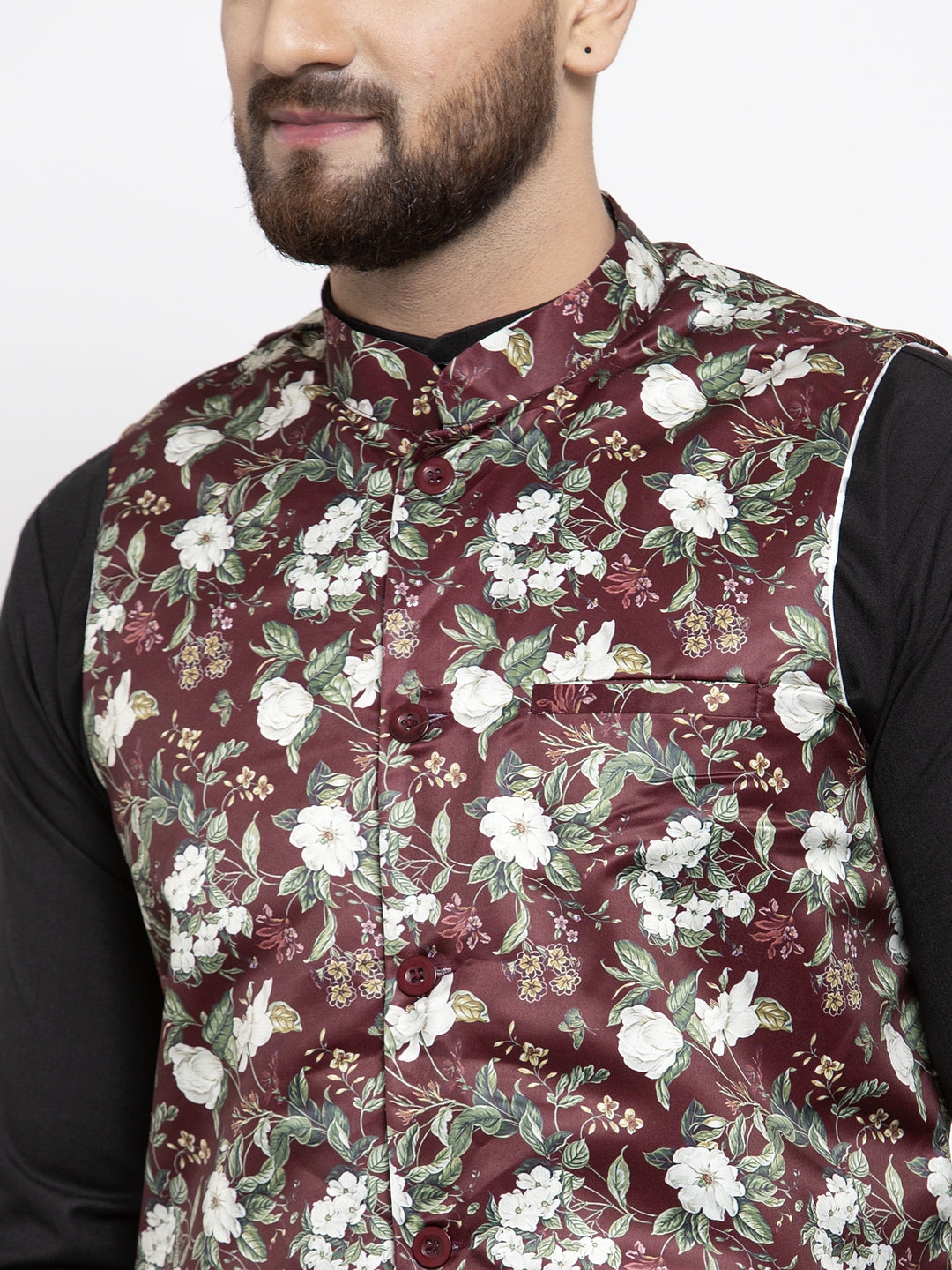 Jompers Men's Solid Cotton Kurta Pajama with Printed Waistcoat (Maroon-B) | Grocsy