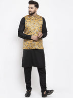 Jompers Men's Solid Cotton Kurta Pajama with Printed Waistcoat (Mustard-B) | Grocsy