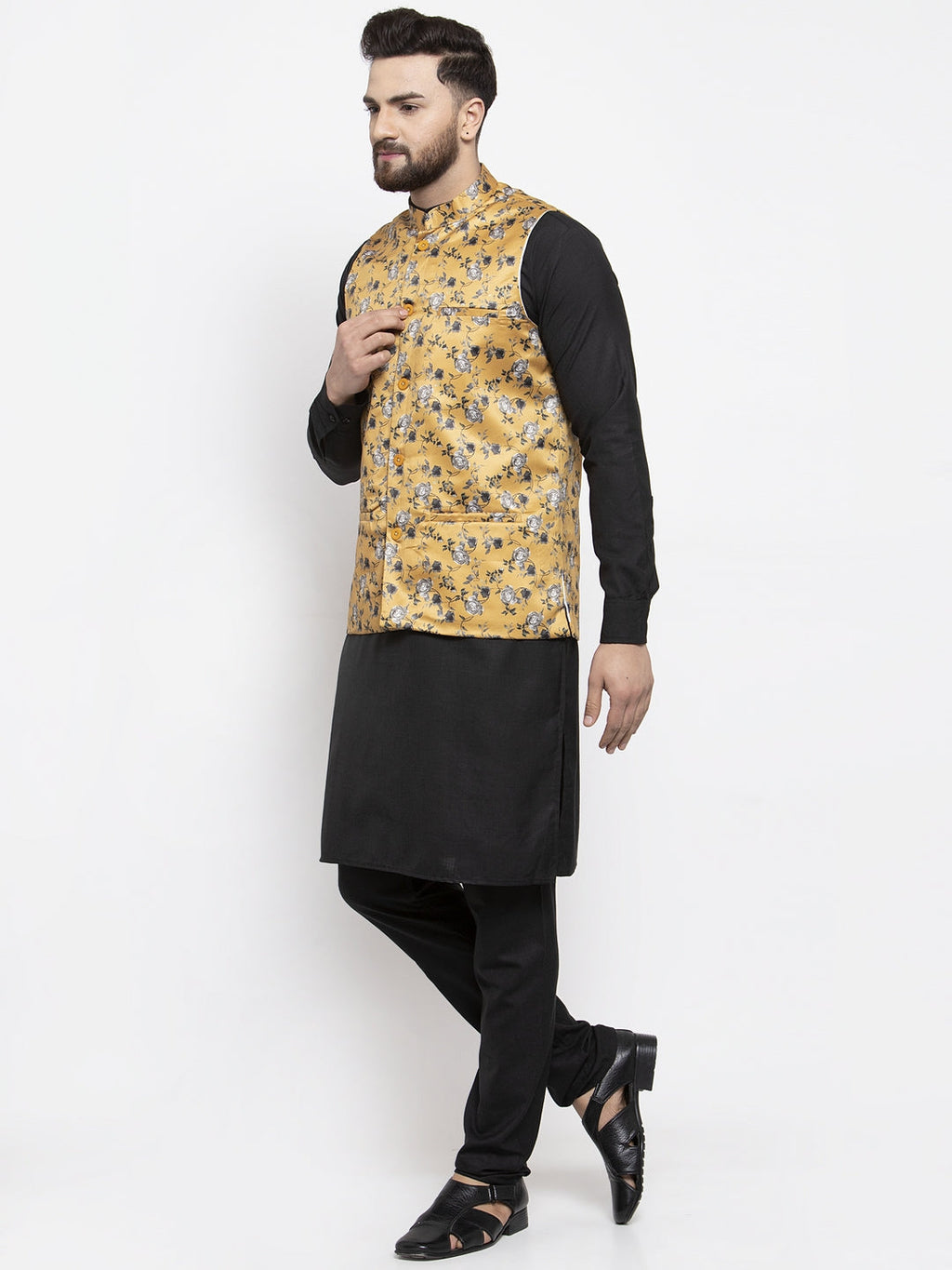 Jompers Men's Solid Cotton Kurta Pajama with Printed Waistcoat (Mustard-B) | Grocsy