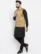 Jompers Men's Solid Cotton Kurta Pajama with Printed Waistcoat (Mustard-B) | Grocsy