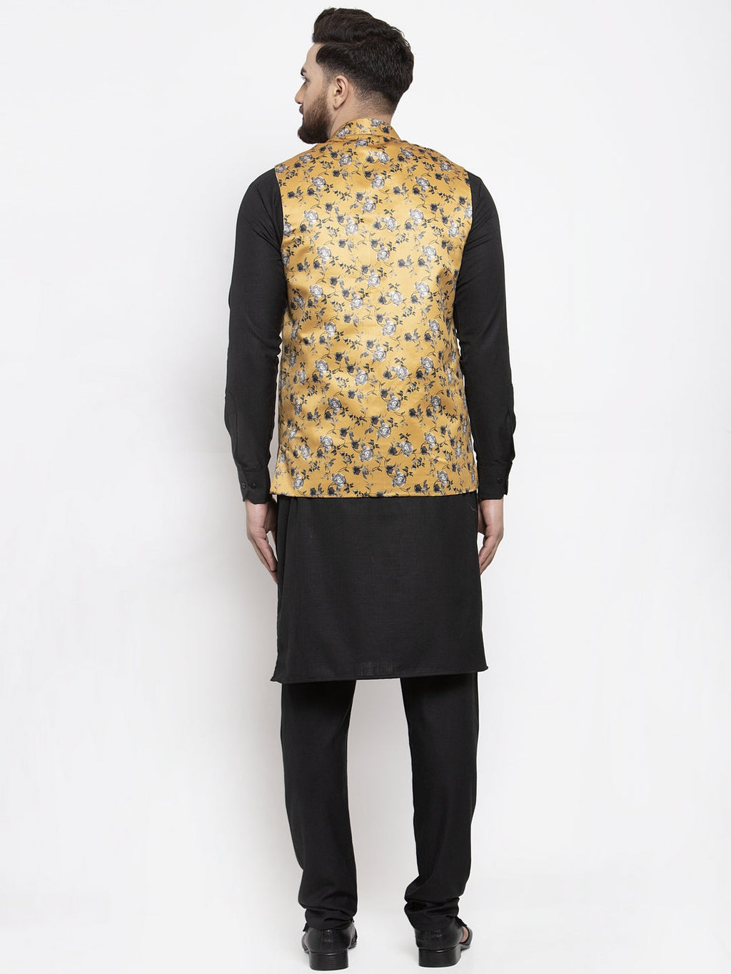 Jompers Men's Solid Cotton Kurta Pajama with Printed Waistcoat (Mustard-B) | Grocsy