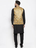 Jompers Men's Solid Cotton Kurta Pajama with Printed Waistcoat (Mustard-B) | Grocsy