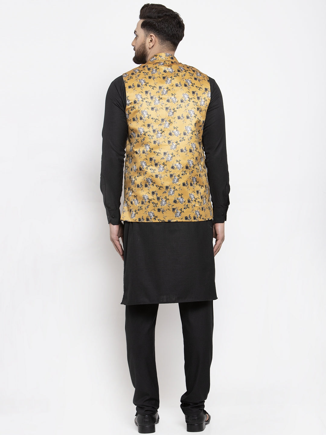 Jompers Men's Solid Cotton Kurta Pajama with Printed Waistcoat (Mustard-B) | Grocsy