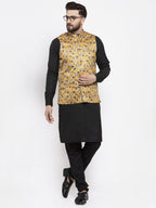 Jompers Men's Solid Cotton Kurta Pajama with Printed Waistcoat (Mustard-B) | Grocsy