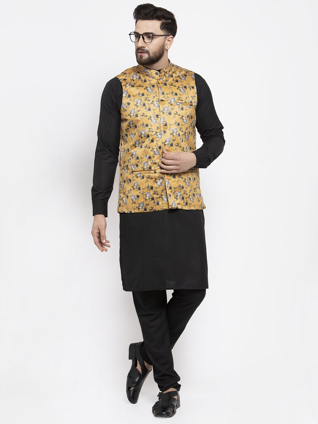 Jompers Men's Solid Cotton Kurta Pajama with Printed Waistcoat (Mustard-B) | Grocsy