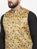 Jompers Men's Solid Cotton Kurta Pajama with Printed Waistcoat (Mustard-B) | Grocsy