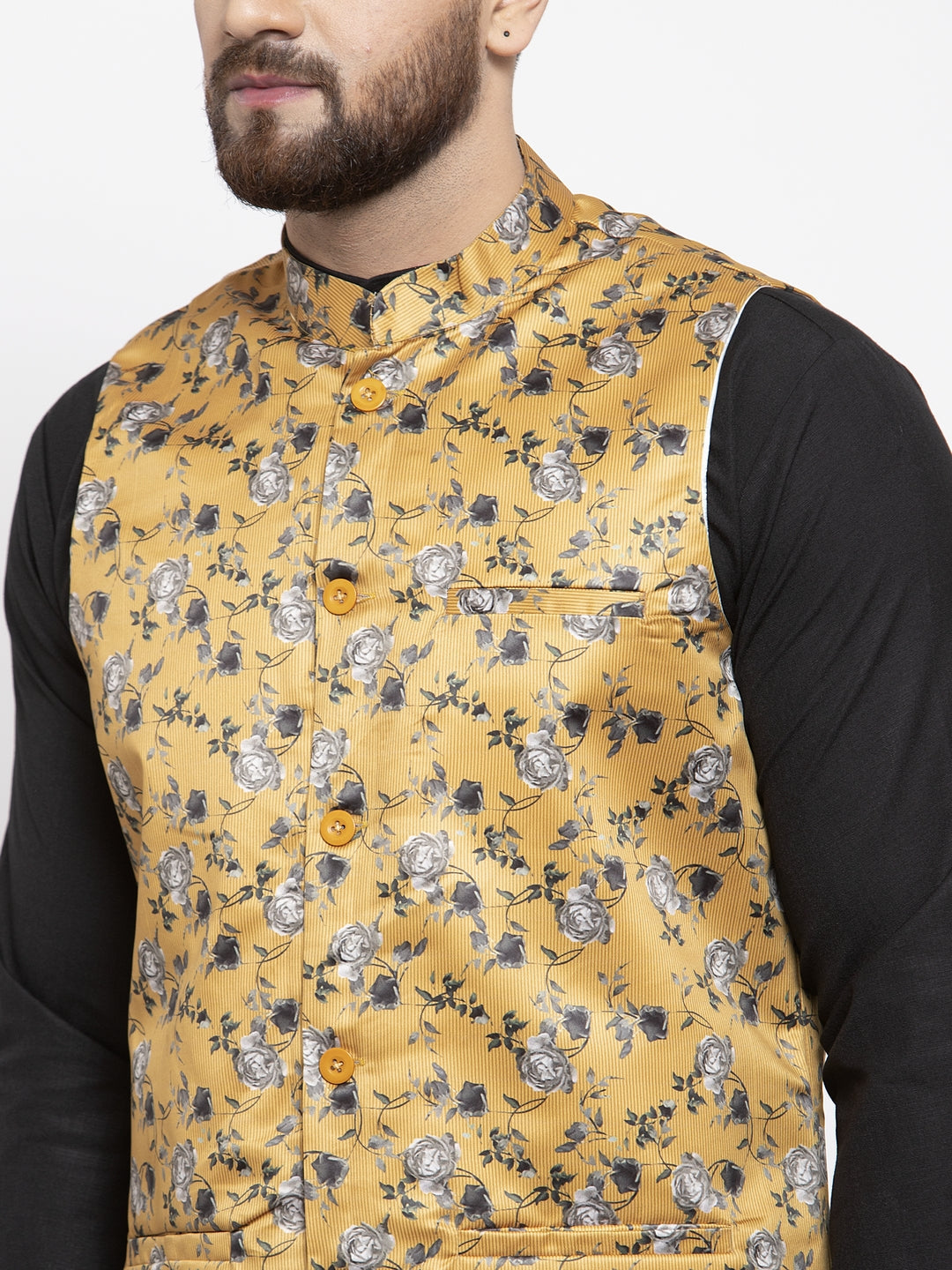 Jompers Men's Solid Cotton Kurta Pajama with Printed Waistcoat (Mustard-B) | Grocsy
