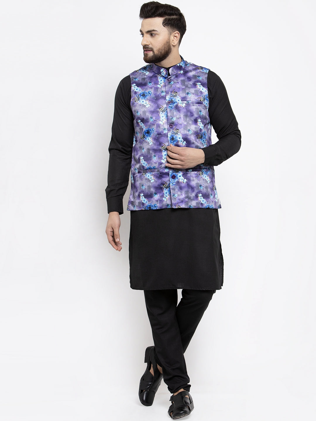 Jompers Men's Solid Cotton Kurta Pajama with Printed Waistcoat (Voilet-B) | Grocsy