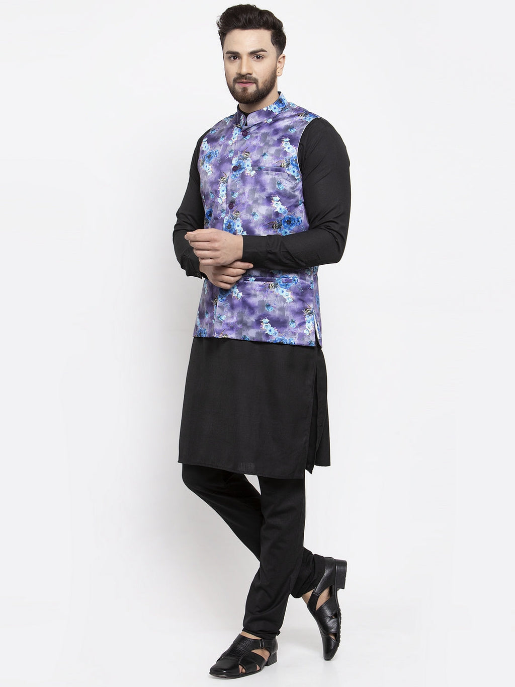 Jompers Men's Solid Cotton Kurta Pajama with Printed Waistcoat (Voilet-B) | Grocsy