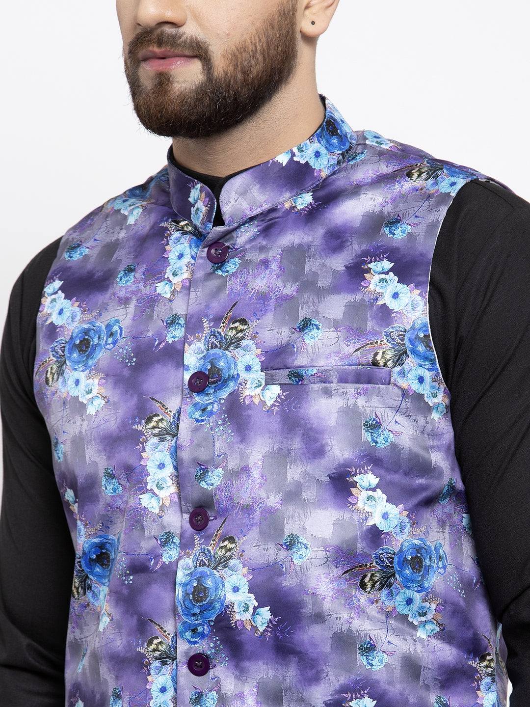 Jompers Men's Solid Cotton Kurta Pajama with Printed Waistcoat (Voilet-B) | Grocsy