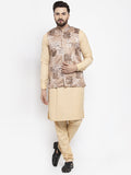 Jompers Men's Solid Cotton Kurta Pajama with Printed Waistcoat ( Beige-C) | Grocsy