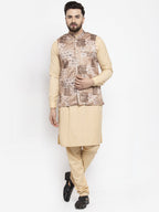 Jompers Men's Solid Cotton Kurta Pajama with Printed Waistcoat ( Beige-C) | Grocsy