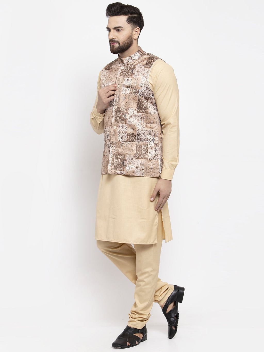 Jompers Men's Solid Cotton Kurta Pajama with Printed Waistcoat ( Beige-C) | Grocsy
