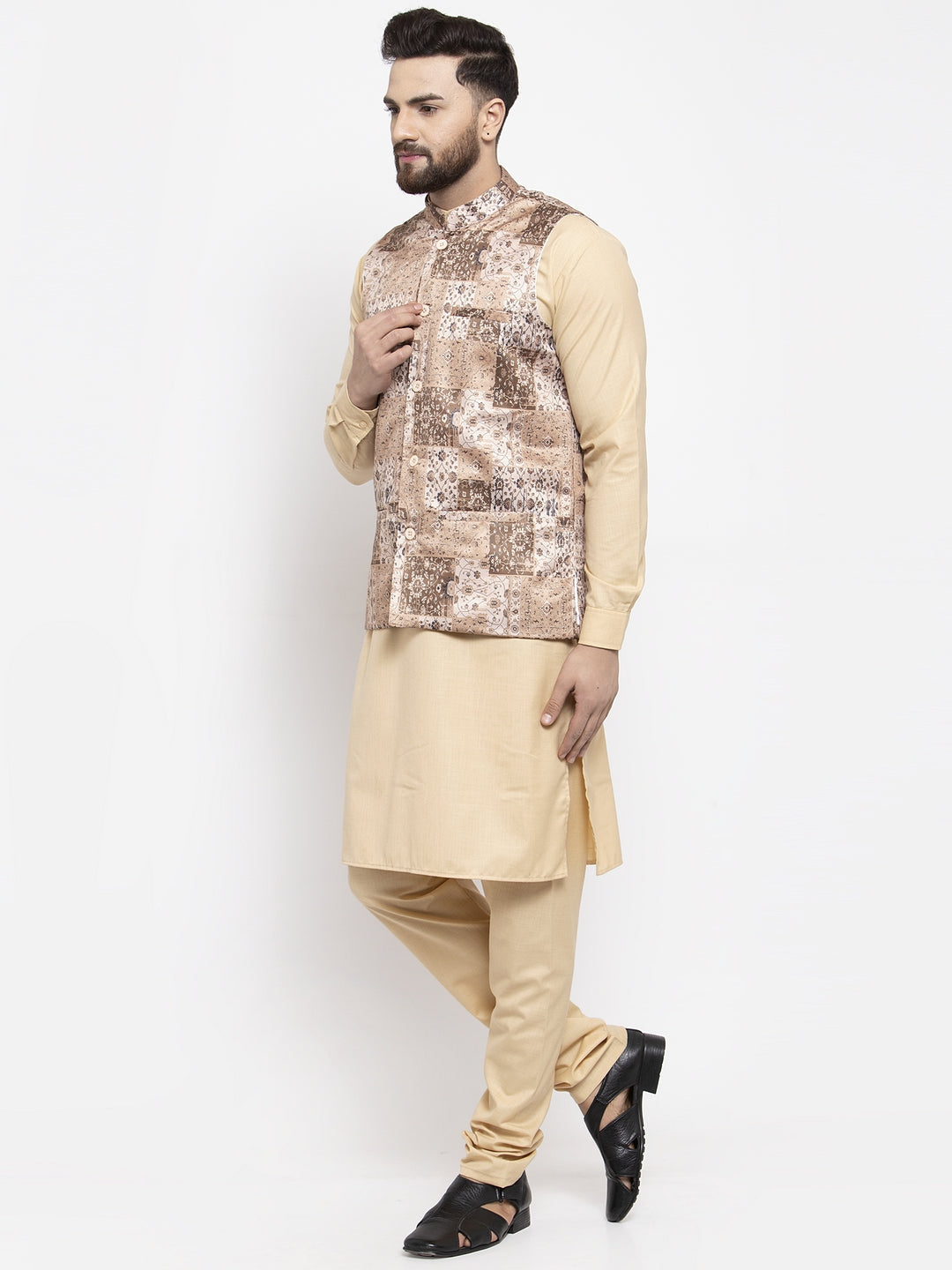 Jompers Men's Solid Cotton Kurta Pajama with Printed Waistcoat ( Beige-C) | Grocsy