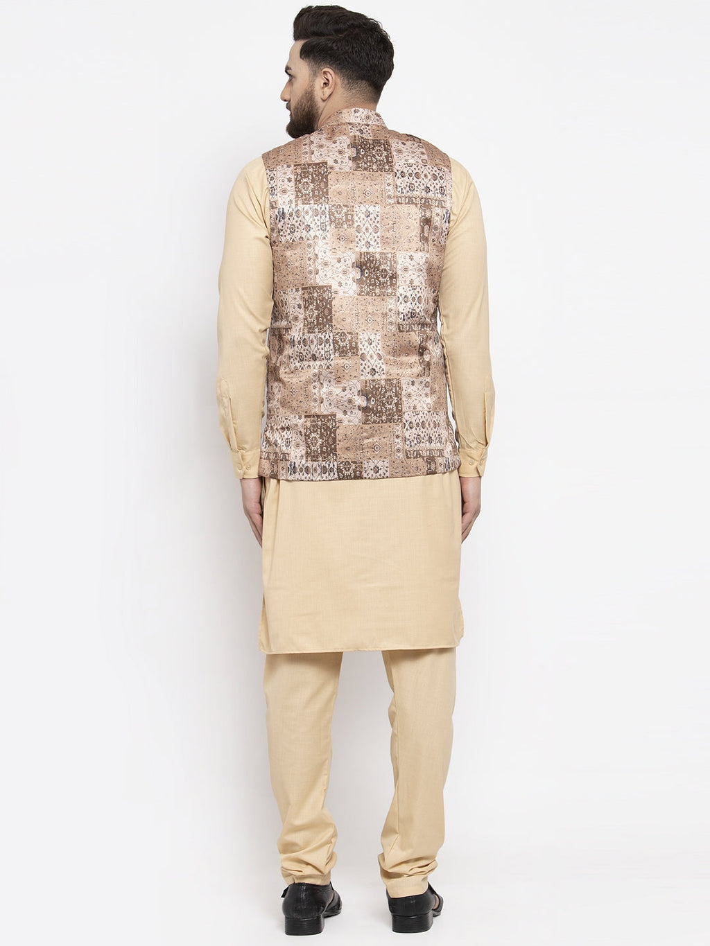 Jompers Men's Solid Cotton Kurta Pajama with Printed Waistcoat ( Beige-C) | Grocsy