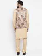 Jompers Men's Solid Cotton Kurta Pajama with Printed Waistcoat ( Beige-C) | Grocsy
