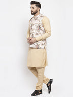 Jompers Men's Solid Cotton Kurta Pajama with Printed Waistcoat (Cream-C) | Grocsy