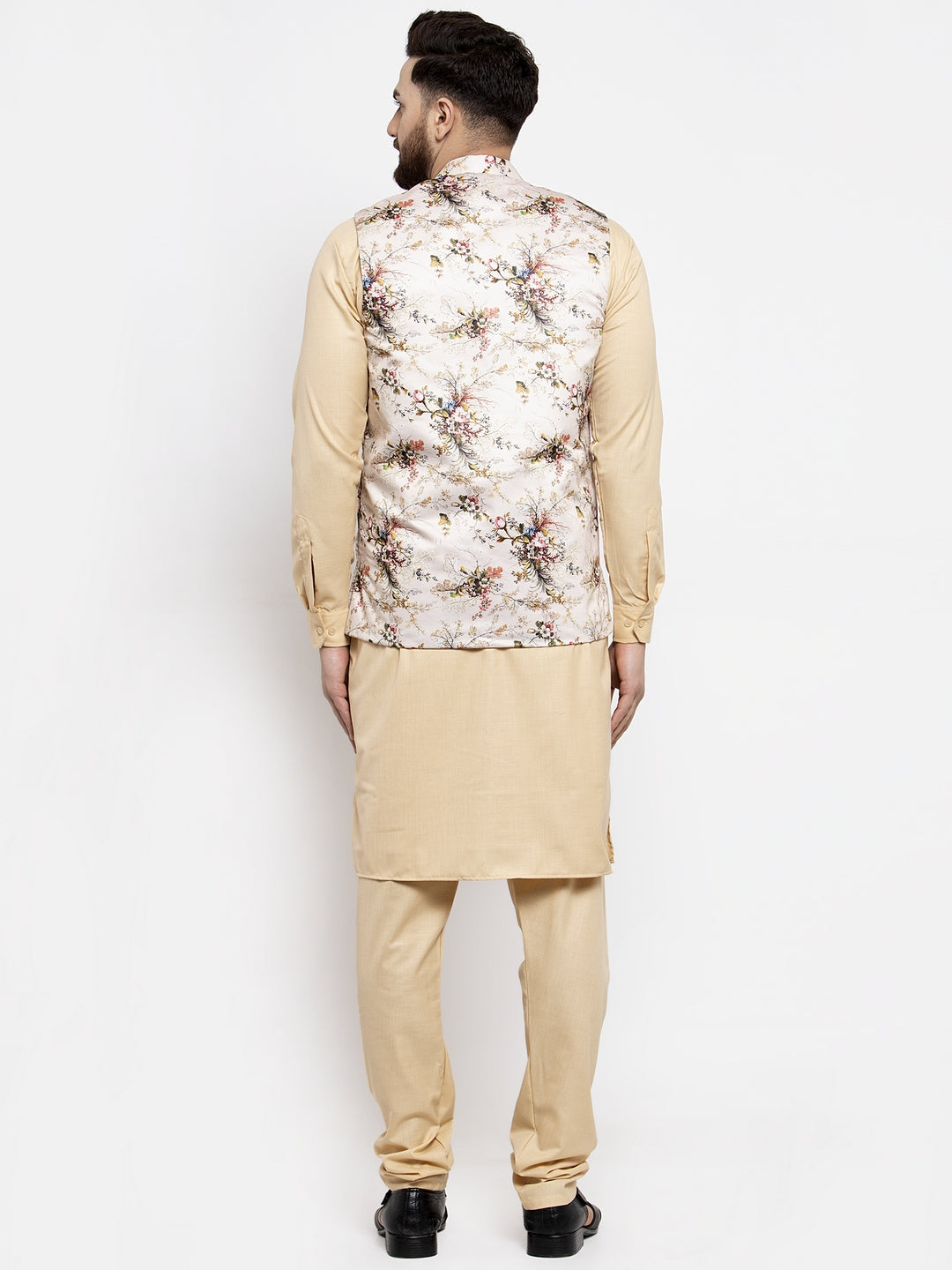 Jompers Men's Solid Cotton Kurta Pajama with Printed Waistcoat (Cream-C) | Grocsy