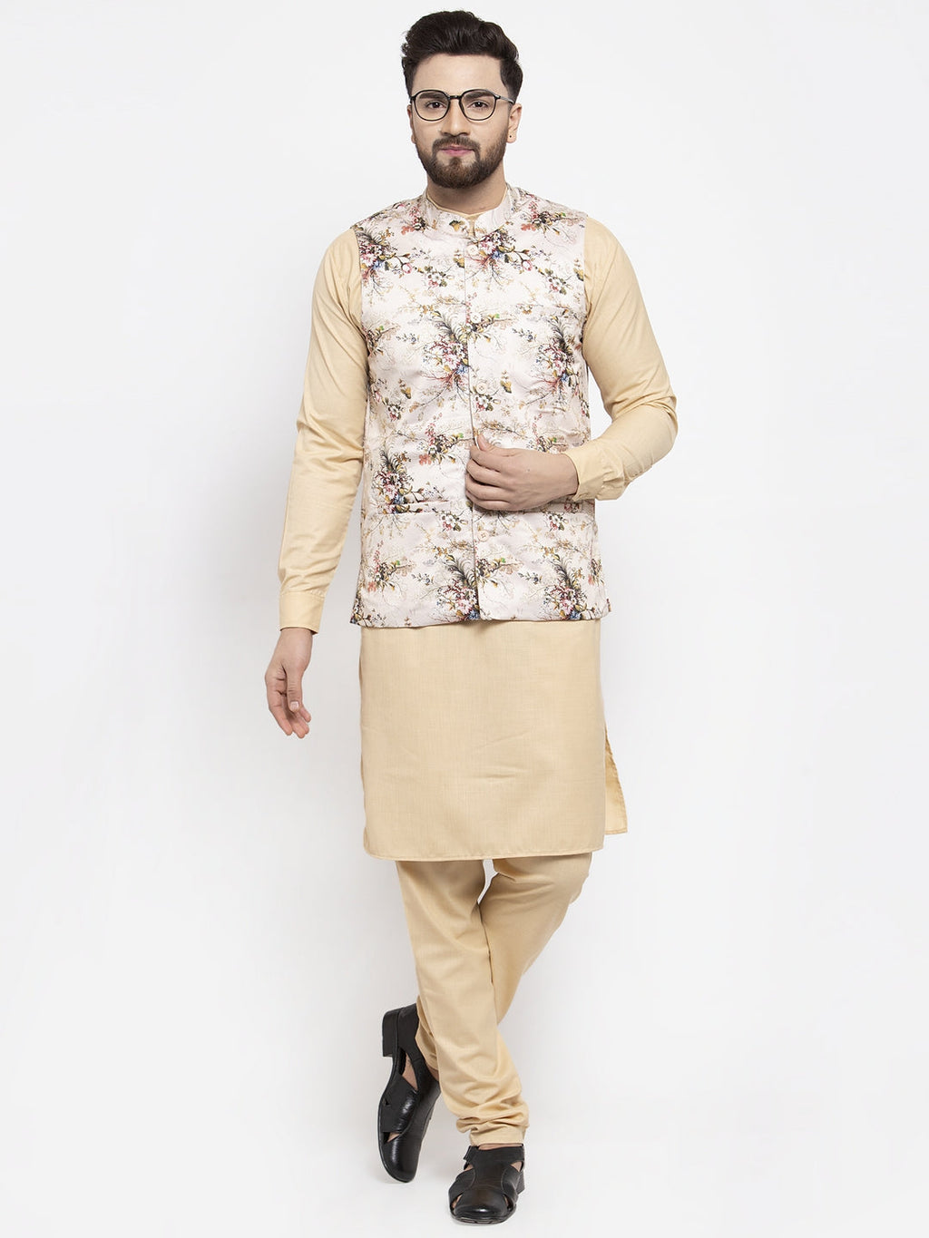 Jompers Men's Solid Cotton Kurta Pajama with Printed Waistcoat (Cream-C) | Grocsy