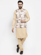 Jompers Men's Solid Cotton Kurta Pajama with Printed Waistcoat (Cream-C) | Grocsy